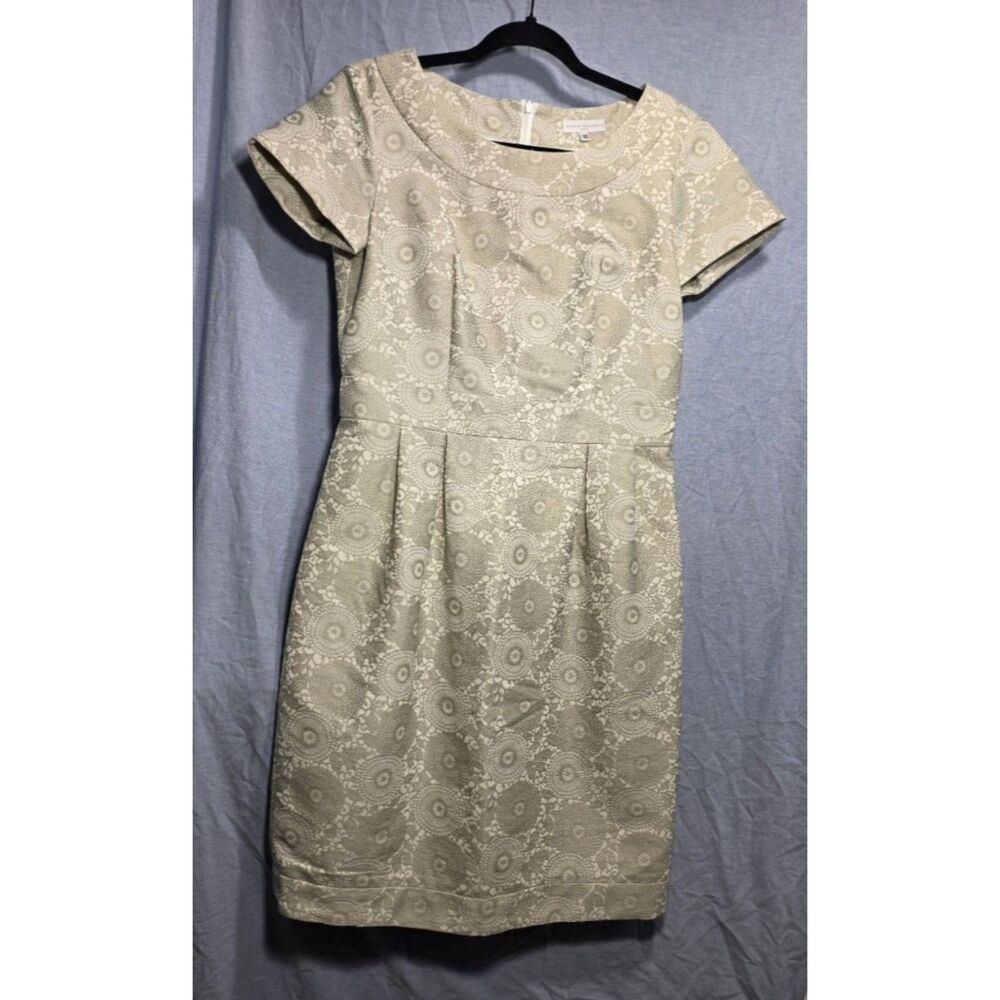 Blancs Manteaux Paris Jacquard Dress 40 US 8 Taupe Cream Luxury Cocktail Sheath